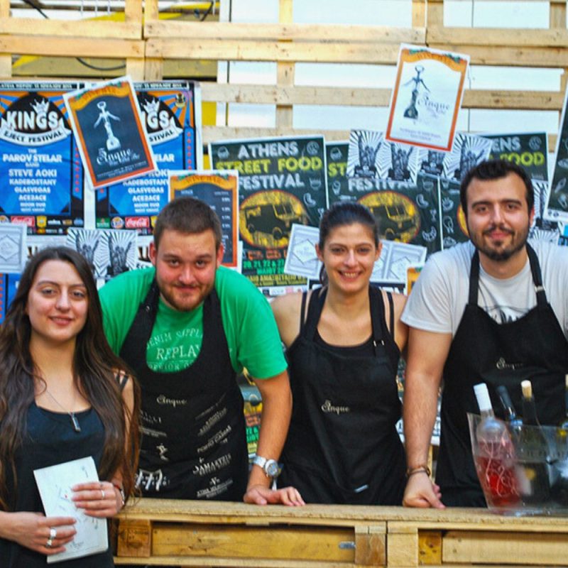 Cinque Wine & Deli team serving wine by the glass at the first Athens Street Food Festival, showcasing wine as part of everyday food culture.