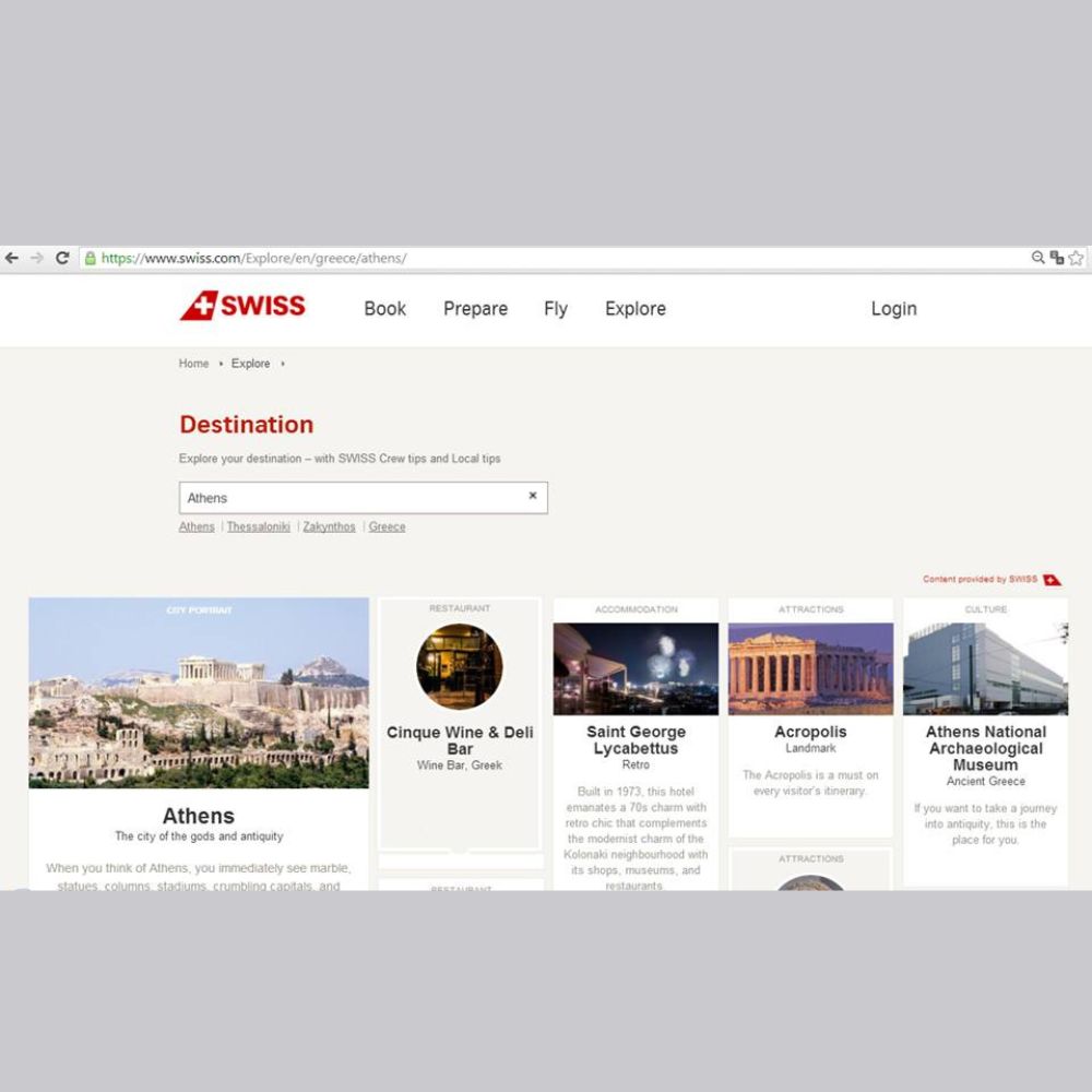 Cinque Wine & Deli Bar featured in SWISS airline official Athens destination guide as a recommended Greek wine bar in the historic center.