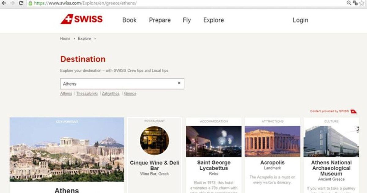 Cinque Wine & Deli Bar featured in SWISS airline official Athens destination guide as a recommended Greek wine bar in the historic center.