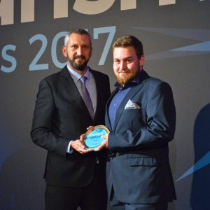 Nikitas Prassas receiving the Bronze Award for Wine Culture at the Tourism Awards 2017 on behalf of Cinque Wine & Deli in Athens.