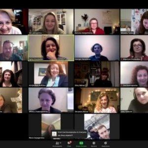 Online wine tasting event with women from Athens, Thessaloniki and Brussels participating in a Cinque Wine Ladies virtual experience during lockdown. (αν θέλεις πιο brand-heavy alt:) Cinque Wine Ladies online tasting connecting participants from Athens, Thessaloniki and Brussels through a coordinated virtual wine experience.