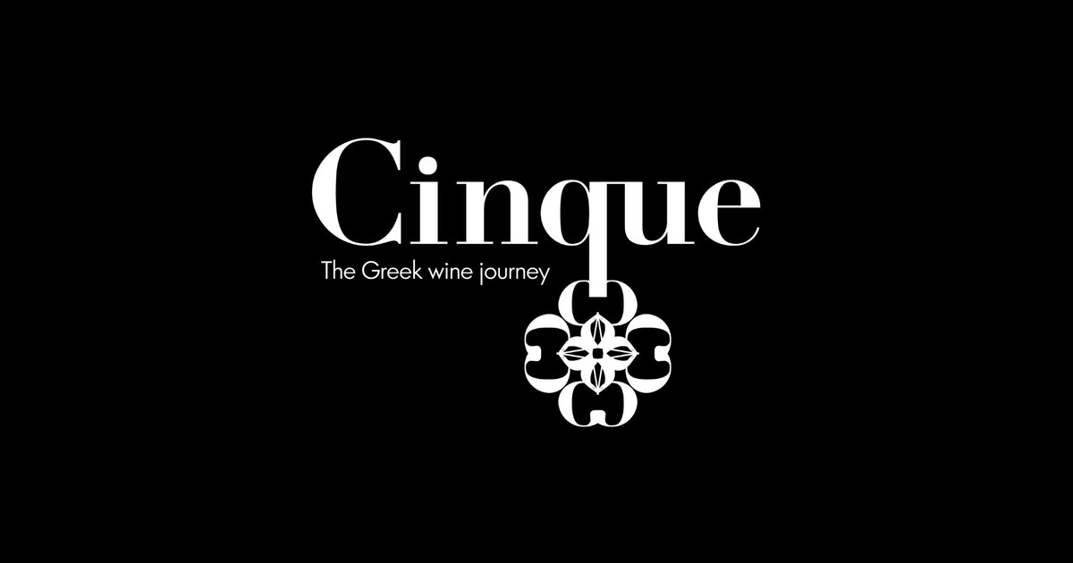 Cinque Wine & Deli logo on black background with the tagline “The Greek Wine Journey”