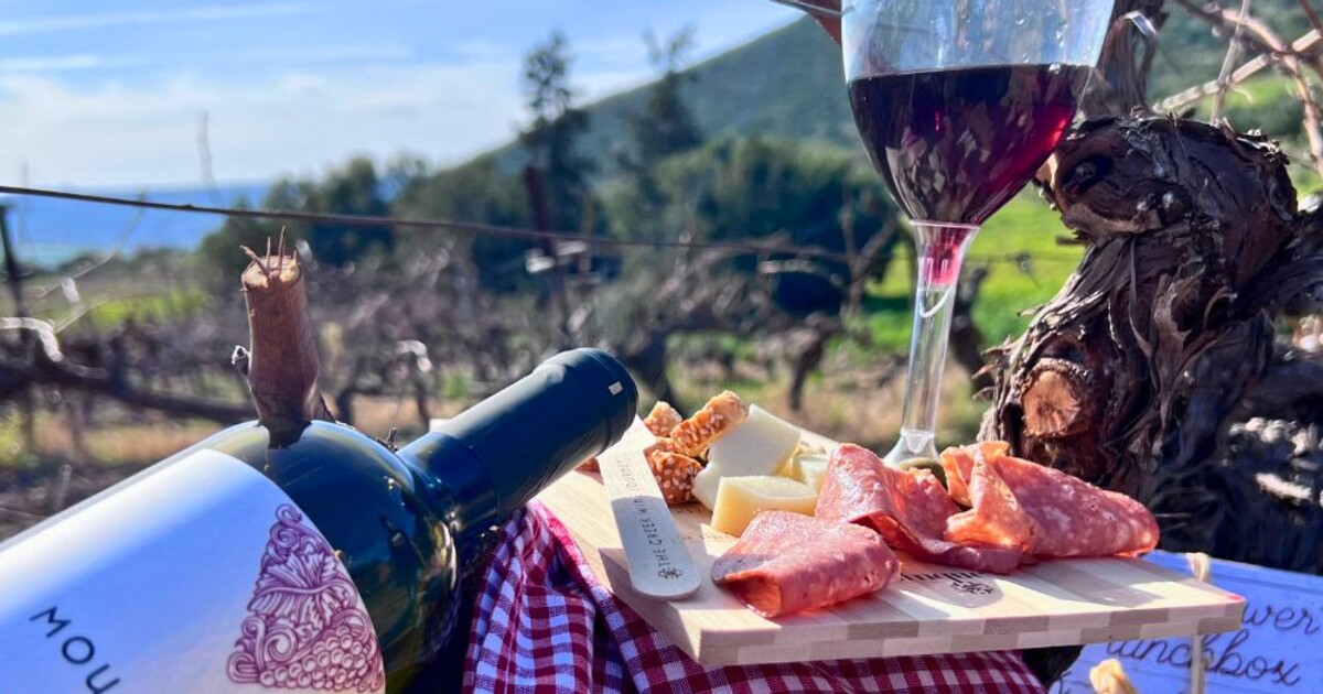 Mouhtaro Greek red wine served in vineyard during pruning season with cheese and charcuterie pairing in Greece.