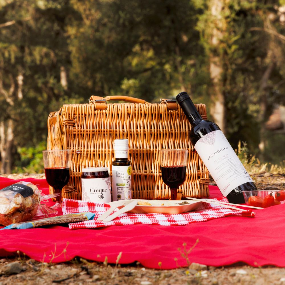 Cinque at Home picnic basket with Greek wine and deli