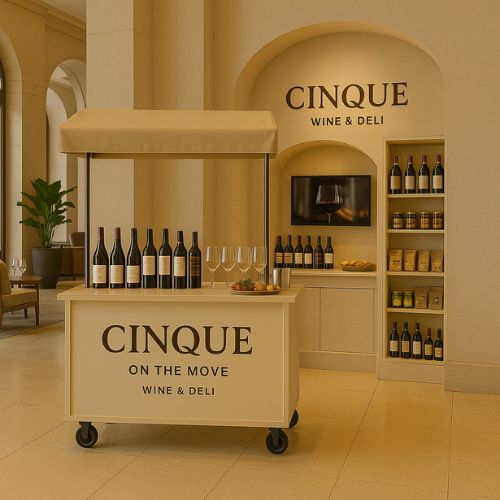 Cinque Select wine and deli corner setup inside a hotel or premium hospitality space.