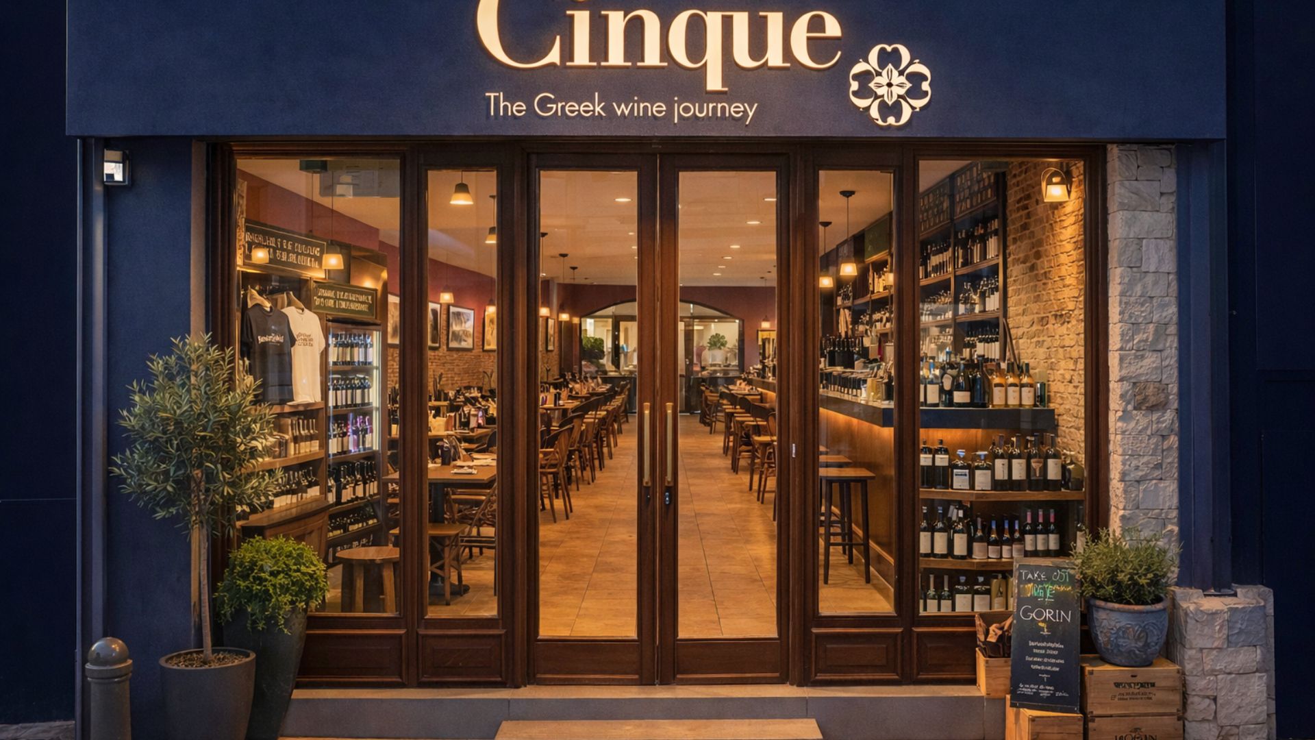 Cinque Wine & Deli Bar exterior in the evening, showcasing the entrance and interior of a Greek wine bar