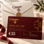 Cinque €35 digital gift card in burgundy and gold, displayed with an ivory envelope.