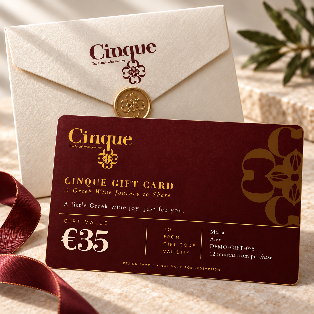 Cinque Gift Card €35 – Burgundy Card with Ivory Envelope Cinque €35 digital gift card in burgundy and gold, displayed with an ivory envelope.
