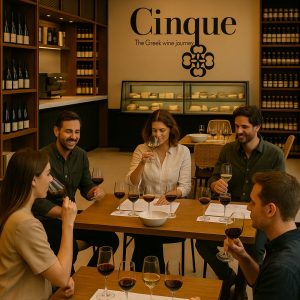 Concept visualization of a Cinque Urban wine and deli experience in a hotel lobby, designed for all-day hospitality, coffee service, curated Greek products and wine experiences.