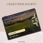Cinque Wine Society member card featuring vineyard imagery, personalized member name area, and elegant design representing a private wine community.
