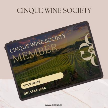 Cinque Wine Society member card featuring vineyard imagery, personalized member name area, and elegant design representing a private wine community.