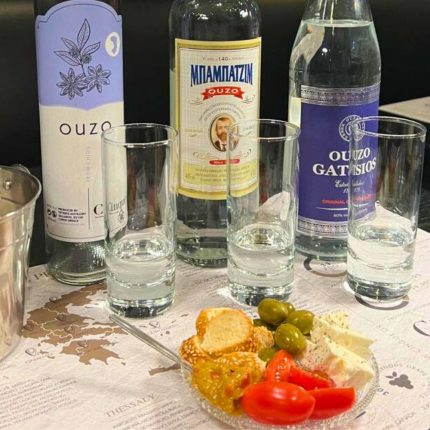 Greek ouzo tasting with three regional ouzos from Chios, Thessaloniki and Arta served with traditional meze at Cinque Wine & Deli