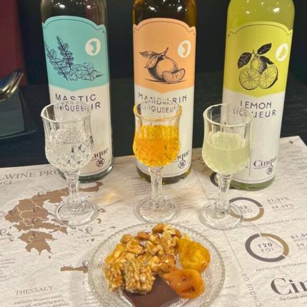 Greek liqueur tasting with mastic, lemon and mandarin liqueurs served with nuts and pasteli at Cinque Wine & Deli