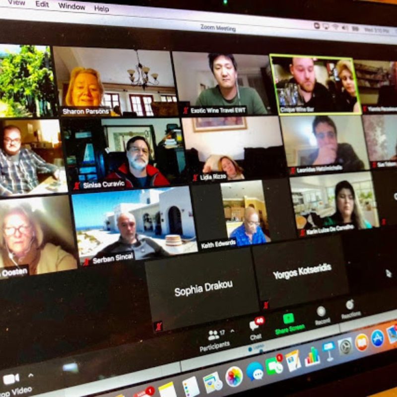 International virtual wine tasting on Zoom with participants from multiple countries organized by Cinque Wine Bar during lockdown.