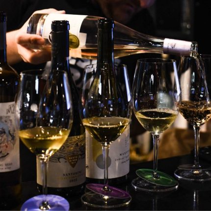 Five glasses of indigenous Greek white wines during a private wine tasting experience in Athens