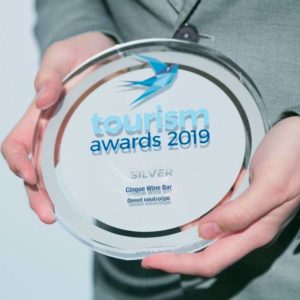 Close-up of the Silver Award trophy from the Tourism Awards 2019 presented to Cinque Wine Bar for wine experience