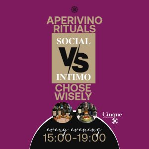 Cinque Aperivino Rituals poster showing Social vs Intimo wine experience available every evening from 15:00 to 19:00 at Cinque Wine & Deli in Athens.