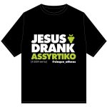 Black Cinque “Jesus Drank Assyrtiko” T-shirt with grape icon and Greek wine variety design.