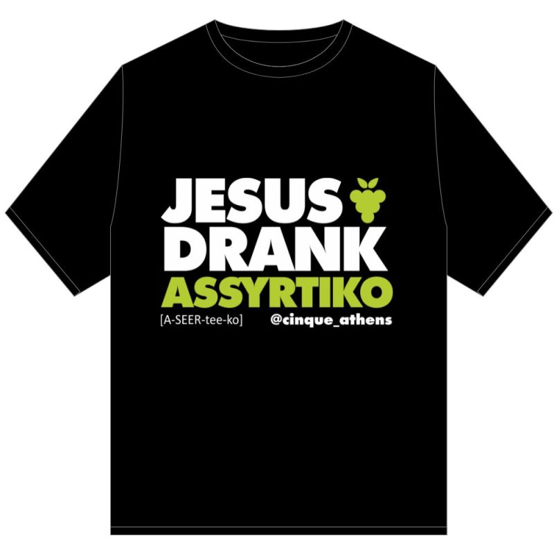 Black Cinque “Jesus Drank Assyrtiko” T-shirt with grape icon and Greek wine variety design.