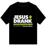 Black Cinque “Jesus Drank Moschofilero” T-shirt with grape icon and Greek wine variety design.