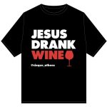 Black Cinque “Jesus Drank Wine” T-shirt with wine glass icon and Cinque Athens branding.
