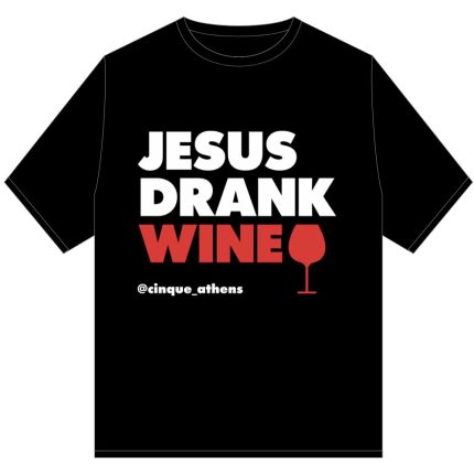 Black Cinque “Jesus Drank Wine” T-shirt with wine glass icon and Cinque Athens branding.