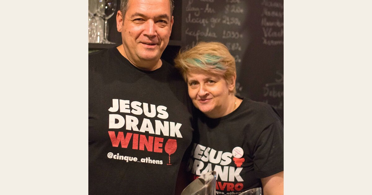 Cinque Athens team wearing Jesus Drank Wine and Jesus Drank Xinomavro wine culture T-shirts.