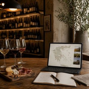 Greek wine tasting setup with glasses, tasting notes and a digital map of Greece, representing Cinque’s digital ecosystem around wine education and storytelling.