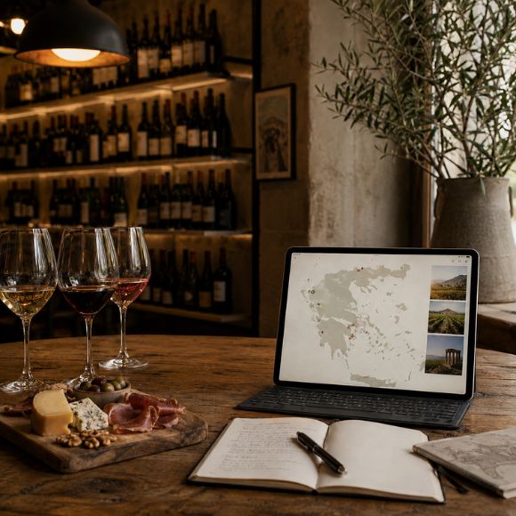 Greek wine tasting setup with glasses, tasting notes and a digital map of Greece, representing Cinque’s digital ecosystem around wine education and storytelling.