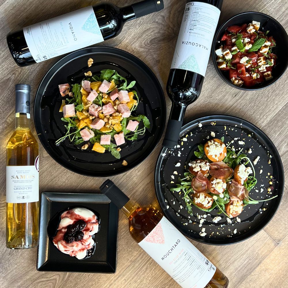 Dayvino Rituals Seasonal Greek wine and food experience with four seasonal Greek dishes and four Greek wines at Cinque Athens.