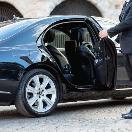 VIP Mercedes-class car with chauffeur for private pickup from Athens to Casa Cinque Grand Greek Journey