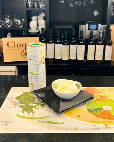 Anthogalo ice cream paired with ENA ENA Organic PGI Olympia extra virgin olive oil at Cinque Monastiraki.