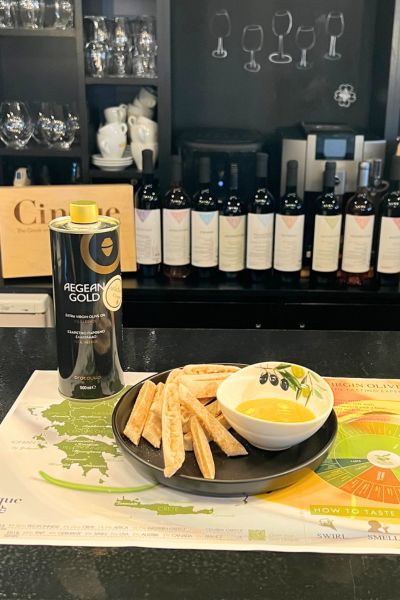 Bread served with Aegean Gold Organic Extra Virgin Olive Oil from Lesvos at Cinque Monastiraki.