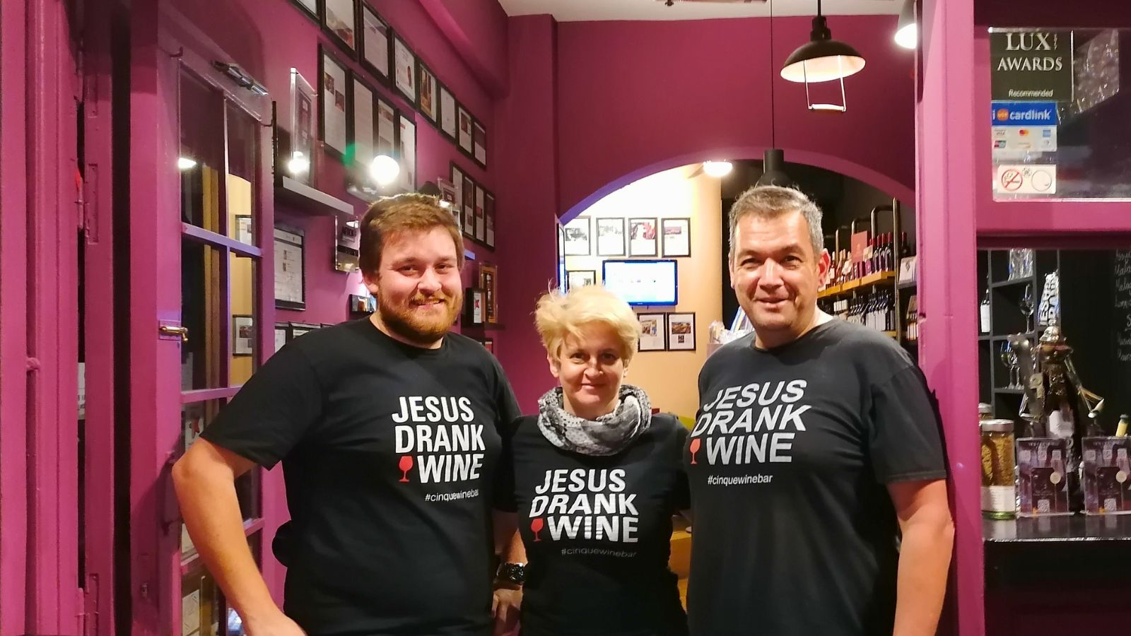 Grigoris, Evangelia and Nikitas Prassas at Cinque Wine & Deli in Athens