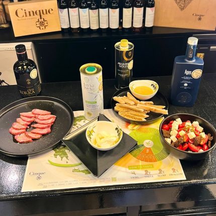 Four Greek extra virgin olive oils paired with bread, Cretan salad, smoked pork tenderloin and anthogalo ice cream at Cinque Monastiraki.