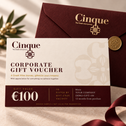 Cinque €100 corporate gift voucher in ivory, burgundy and gold, displayed with a burgundy envelope.