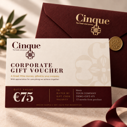 Cinque €75 corporate gift voucher in ivory, burgundy and gold, displayed with a burgundy envelope.