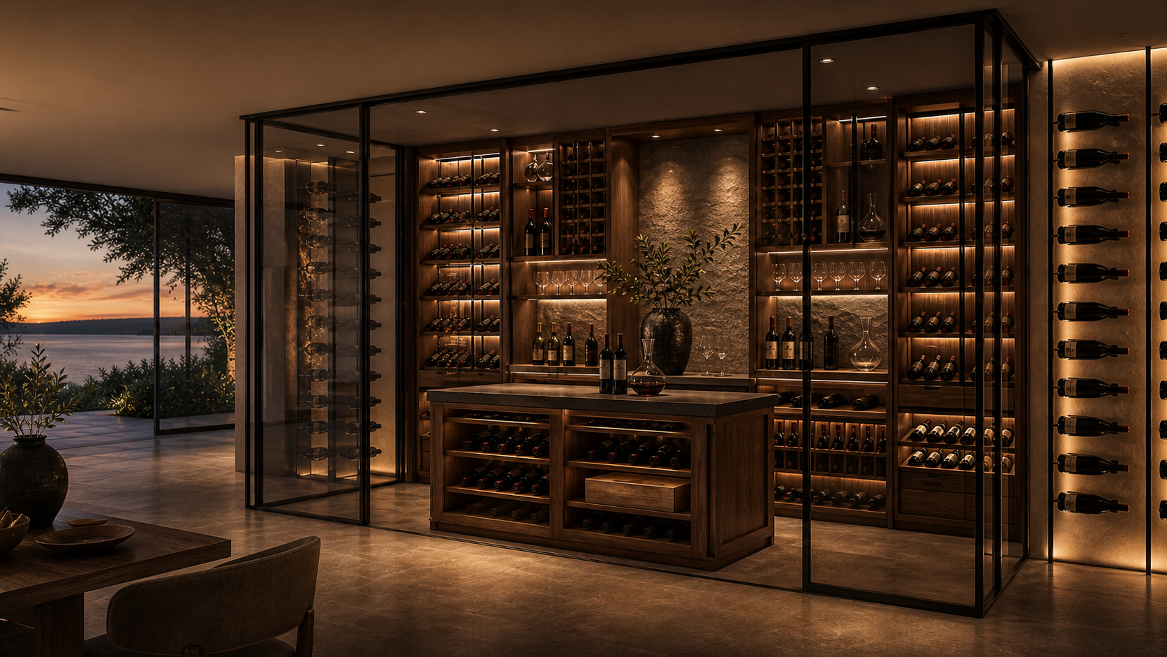 Glass enclosed luxury wine cellar with warm lighting and coastal sunset, Oasis Wine Cellars